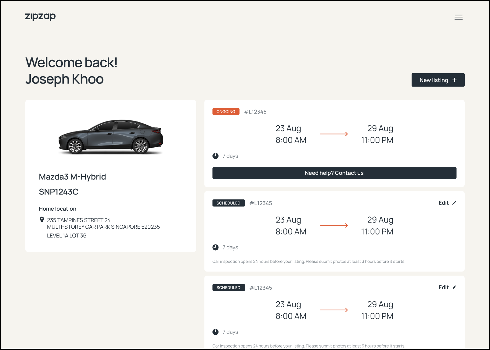 Subscriber dashboard showing an ongoing listing and two scheduled vehicle-sharing listings