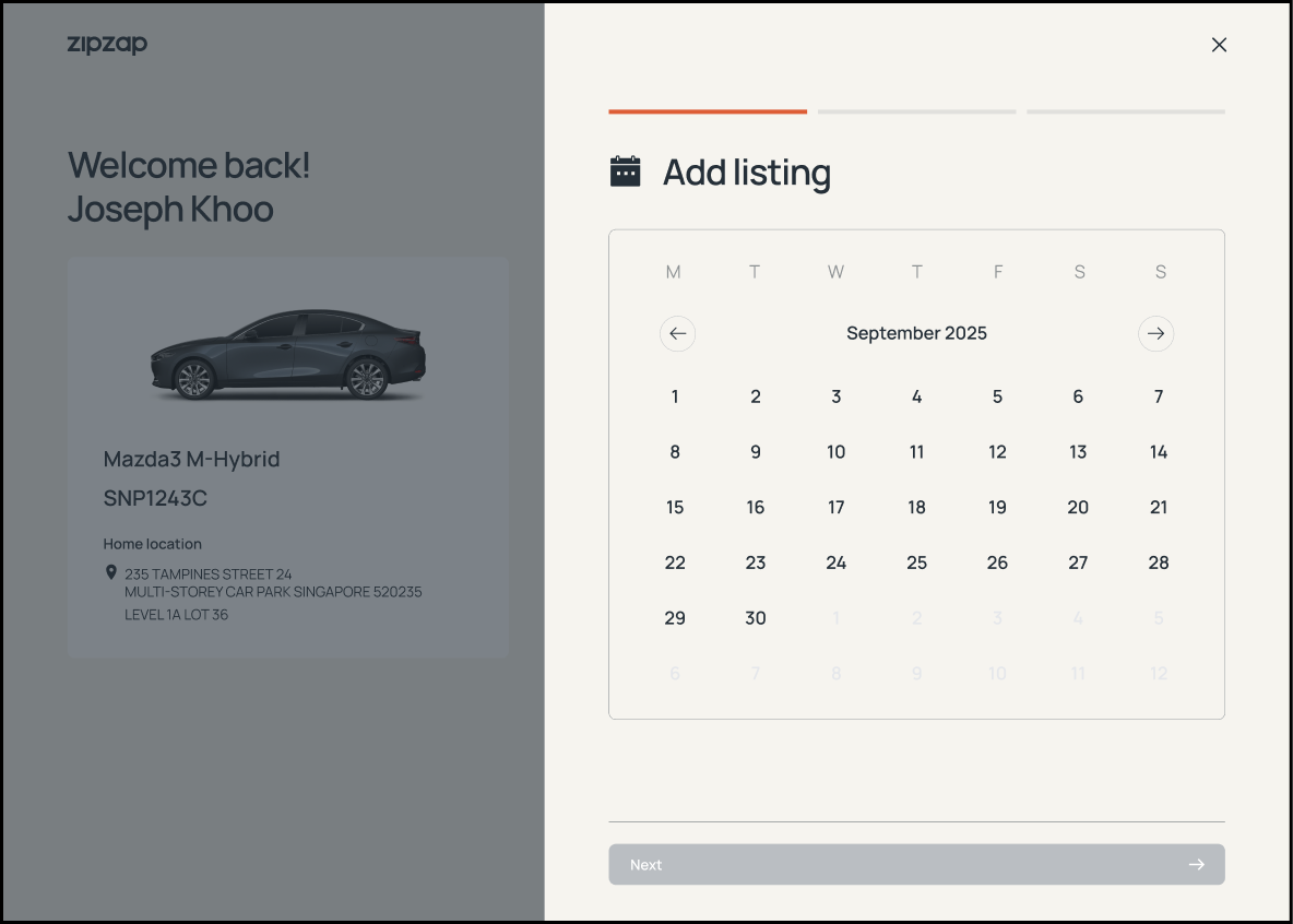 ZipZap web app on desktop, adding a new car-sharing listing