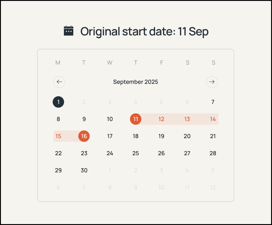 Case B: calendar showing an original start date of 11 Sep with earlier dates still selectable, since it falls outside the notice window