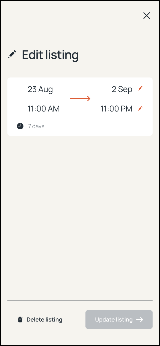 Edit listing review screen showing the current date and time range, with Delete and Update actions