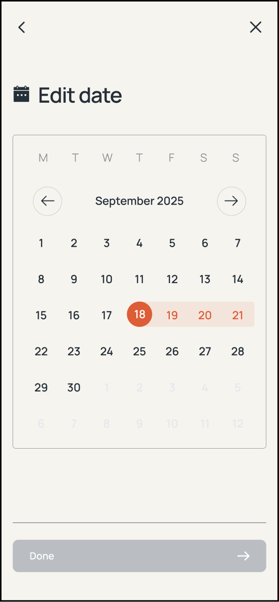 Edit date calendar with a new date range selected, Done button still disabled until confirmed