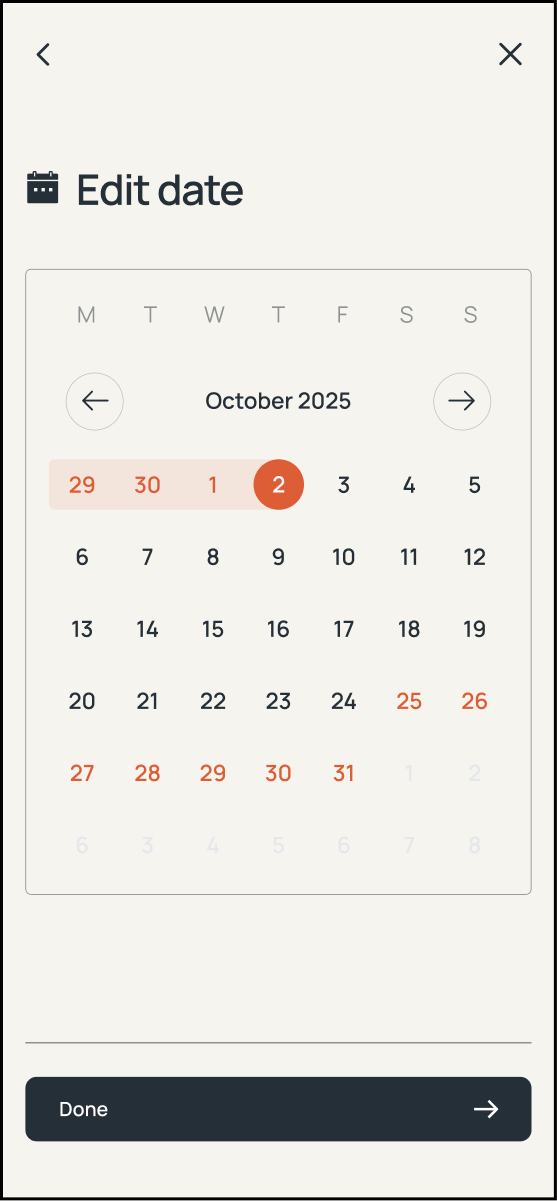 Edit date calendar for choosing a new end date