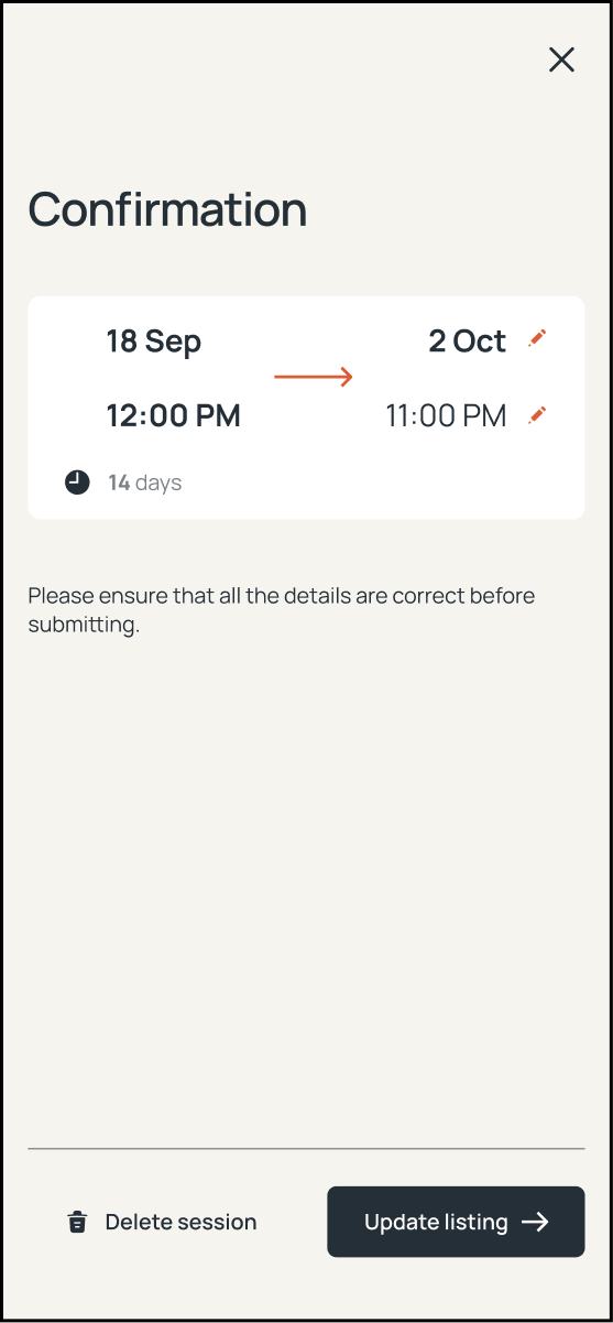 Confirmation screen summarizing the edited date and time before the update is submitted