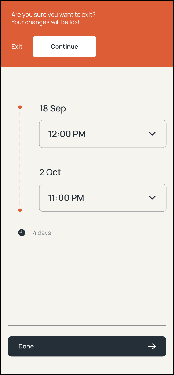 Exit-confirmation prompt warning that unsaved edits will be lost if the user leaves the flow