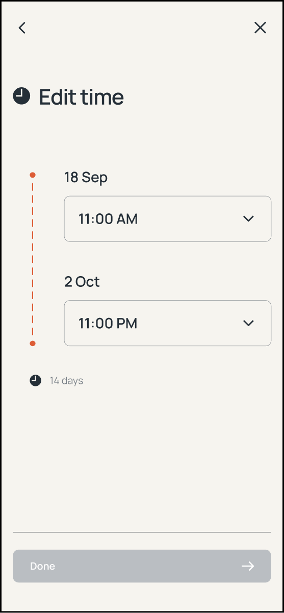 Edit time screen for adjusting the pick-up and return times of an existing listing