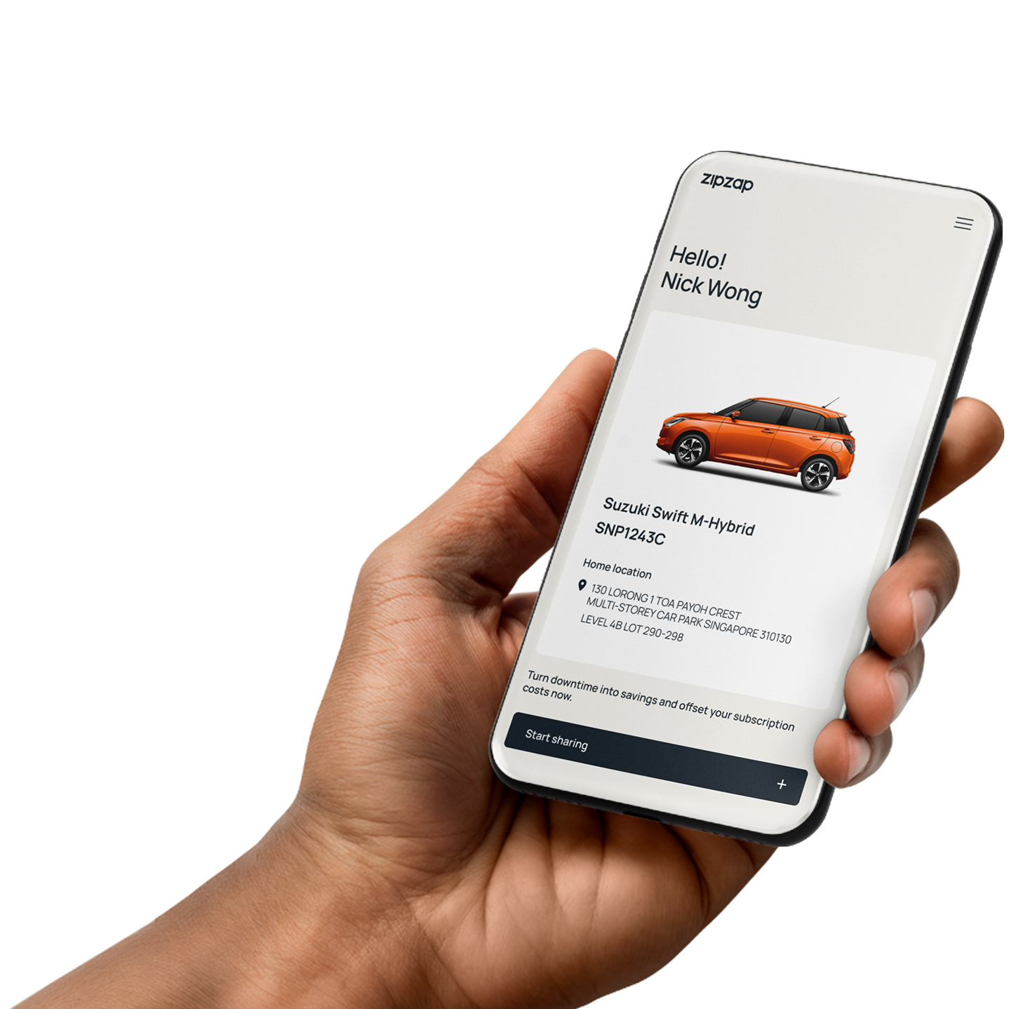 ZipZap app home screen on a phone, showing a Suzuki Swift listing with its location and a "Start sharing" button
