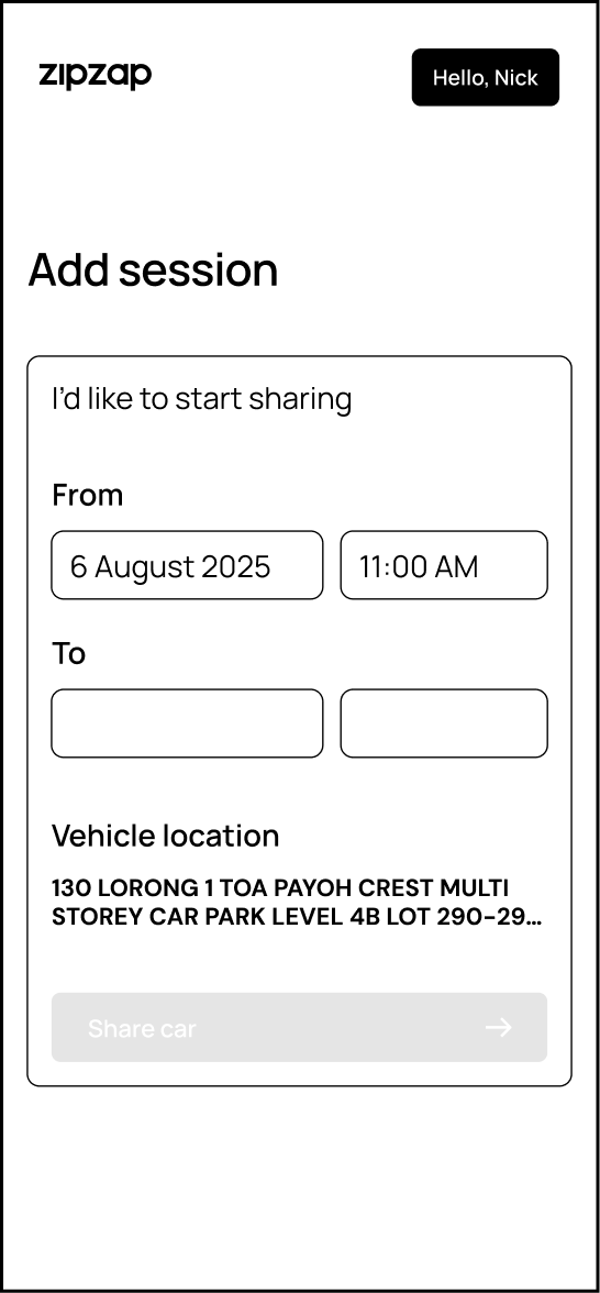 Iteration 1: "Add session" screen with standard date and time input fields