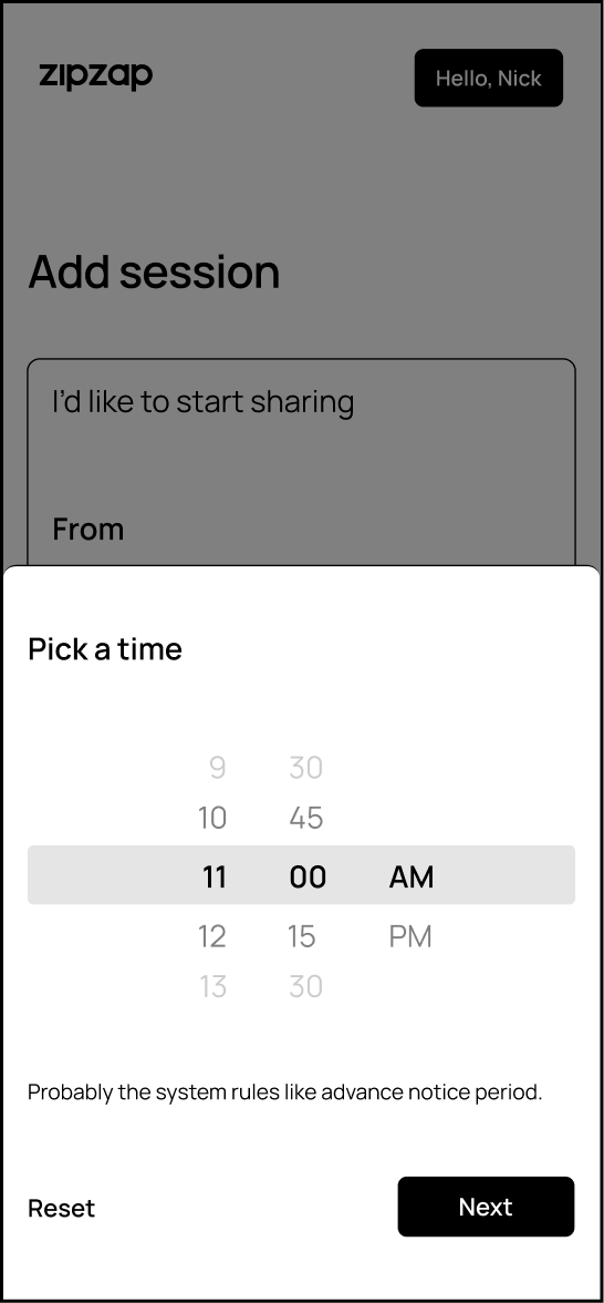 Iteration 1: time-picker modal shown when setting a session's time