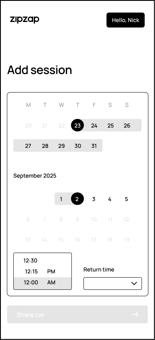 Iteration 2: return-time dropdown open on the same screen