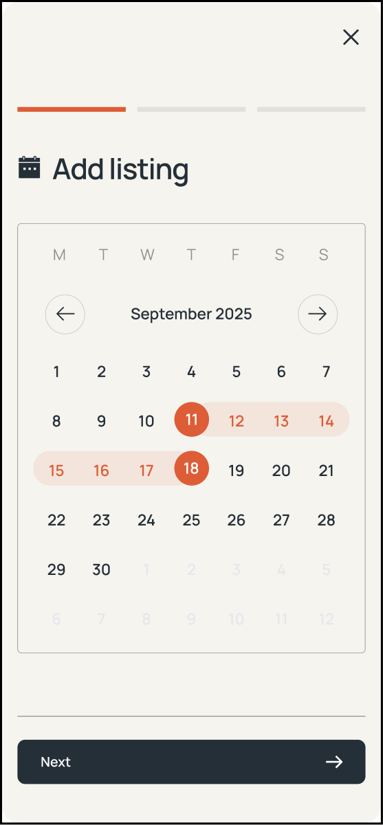 Iteration 3, step 1: "Add listing" calendar with the sharing date range selected directly on the dates