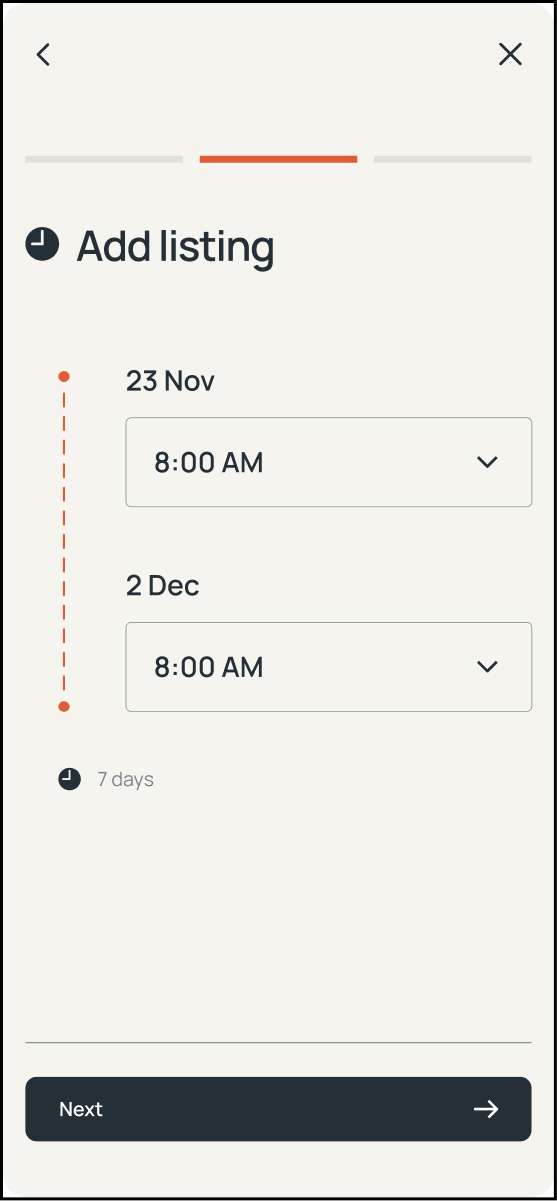 Iteration 3, step 2: date and time shown as a connected timeline summarizing the listing duration