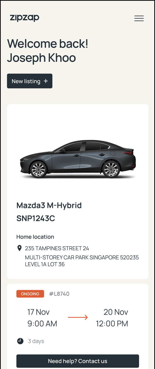 Subscriber dashboard (mobile) showing an ongoing car-sharing listing