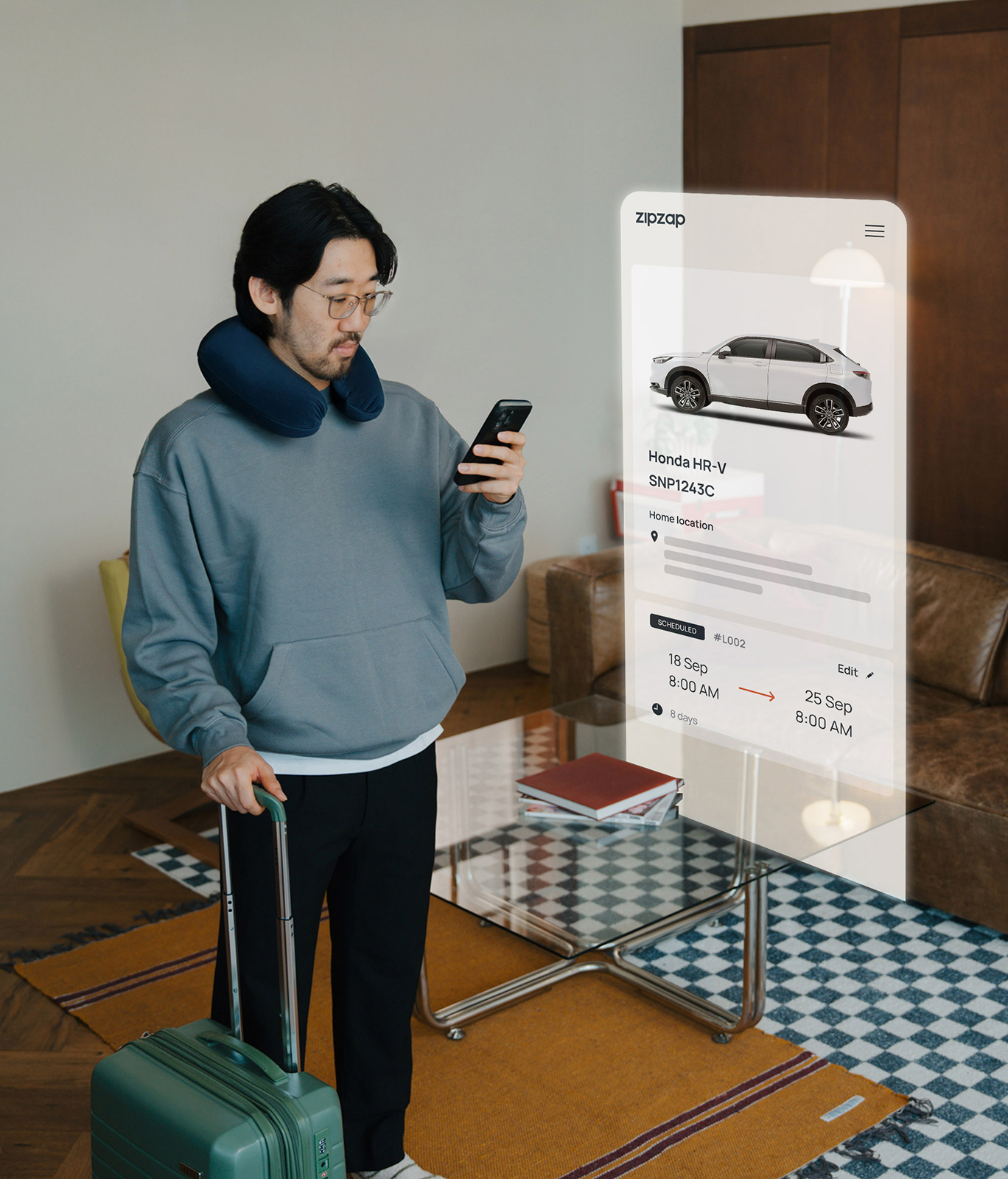 A subscriber checking their upcoming car-sharing listing on the ZipZap app while packing for a trip