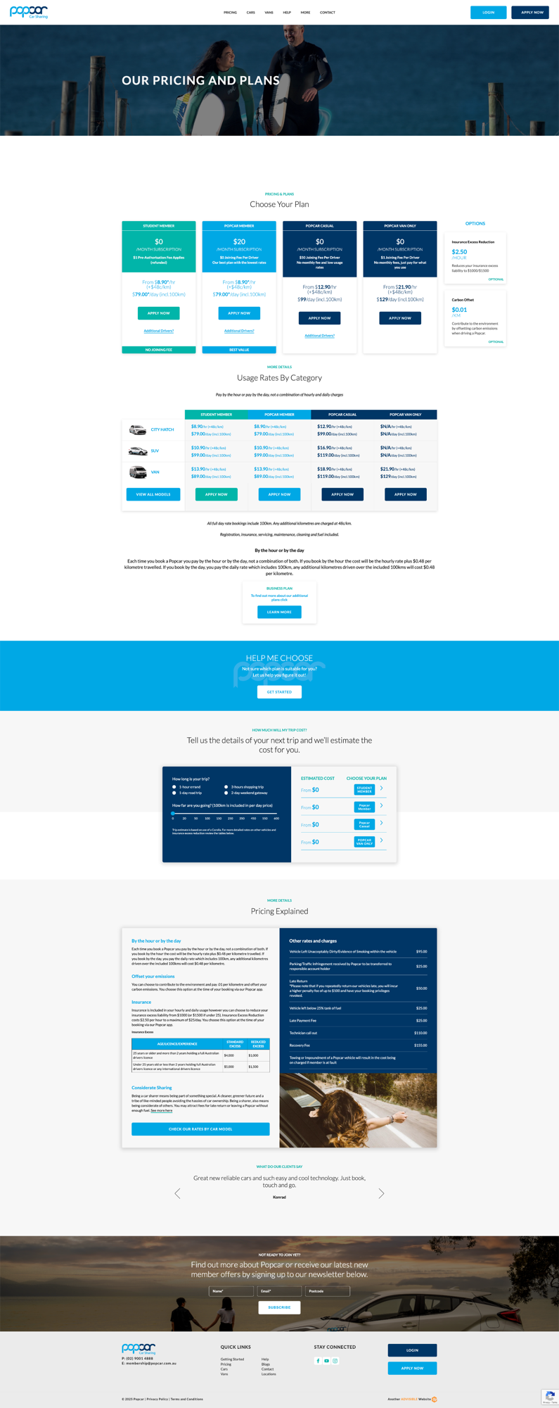 Popcar's legacy pricing page, stacking four membership plan cards, a rates comparison table, a cost estimator tool, and a separate pricing-details breakdown