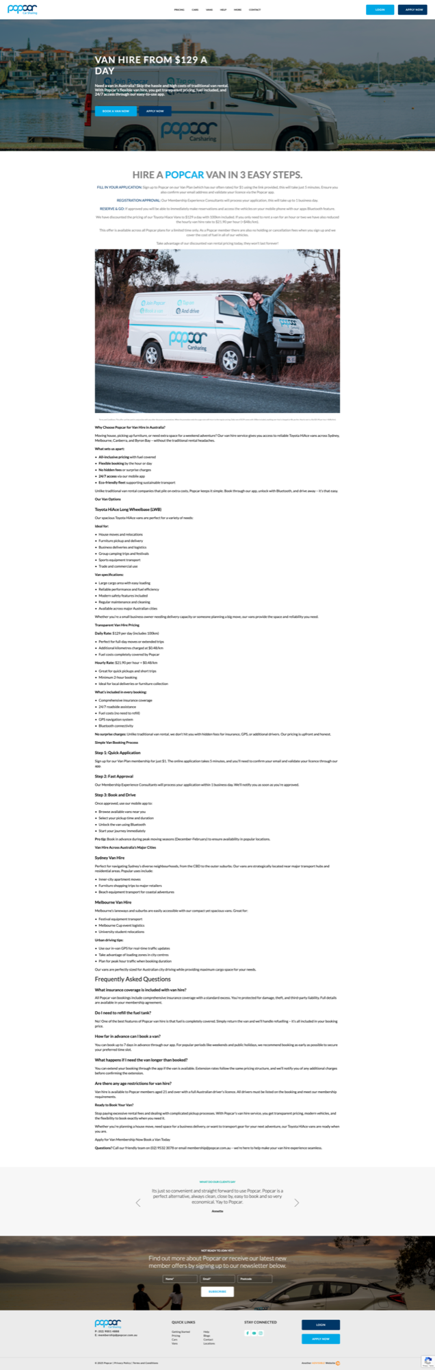 Popcar's legacy van-hire page, a single long page stacking a hero, a step-by-step hire guide, feature lists, specs, pricing, and an FAQ section