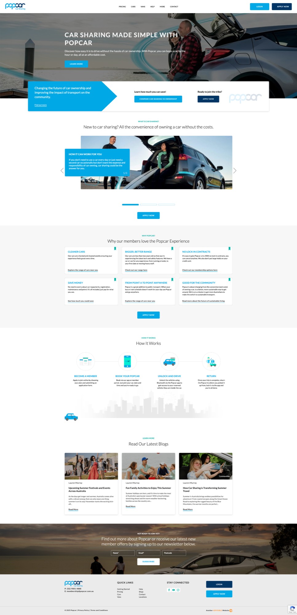 Popcar's legacy homepage, showing many stacked content sections — a hero banner, a blue promo strip, a benefits carousel, a 6-box reasons grid, a how-it-works diagram, and a blog feed, all on one page
