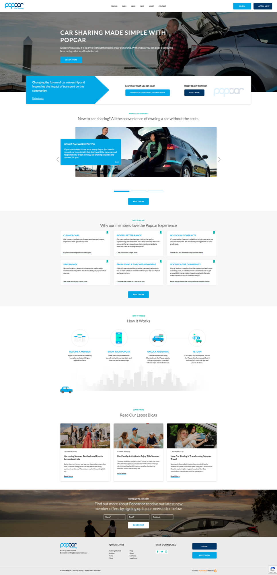 Popcar's legacy homepage, showing many stacked content sections — a hero banner, a blue promo strip, a benefits carousel, a 6-box reasons grid, a how-it-works diagram, and a blog feed, all on one page