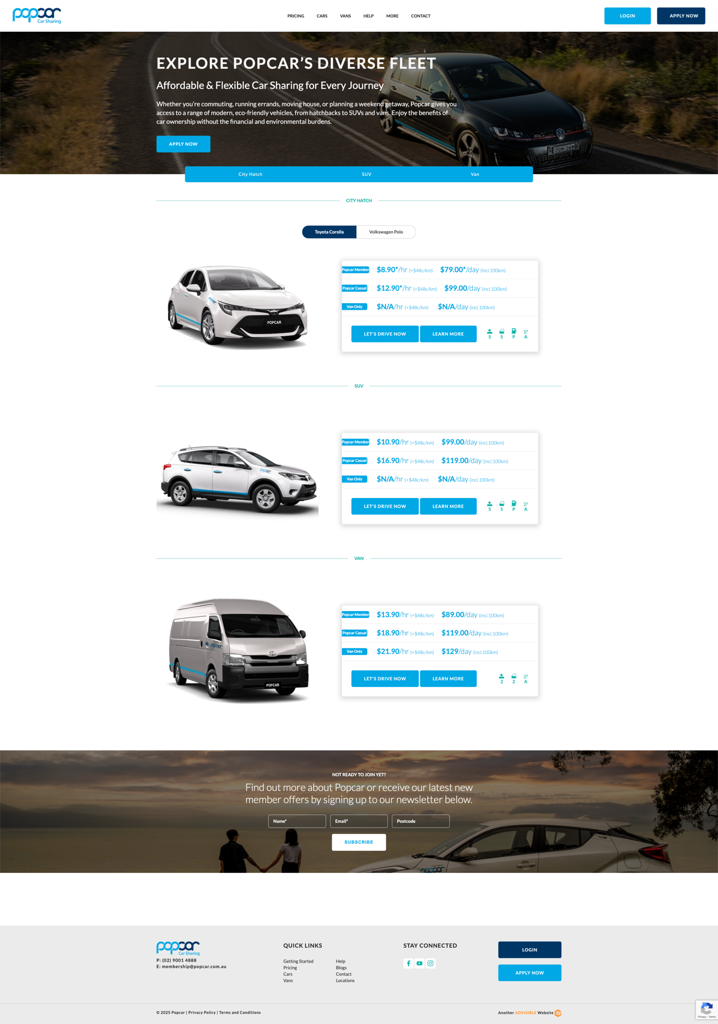 Popcar's legacy vehicle page, listing City Hatch, SUV, and Van categories with a full pricing table repeated under each one